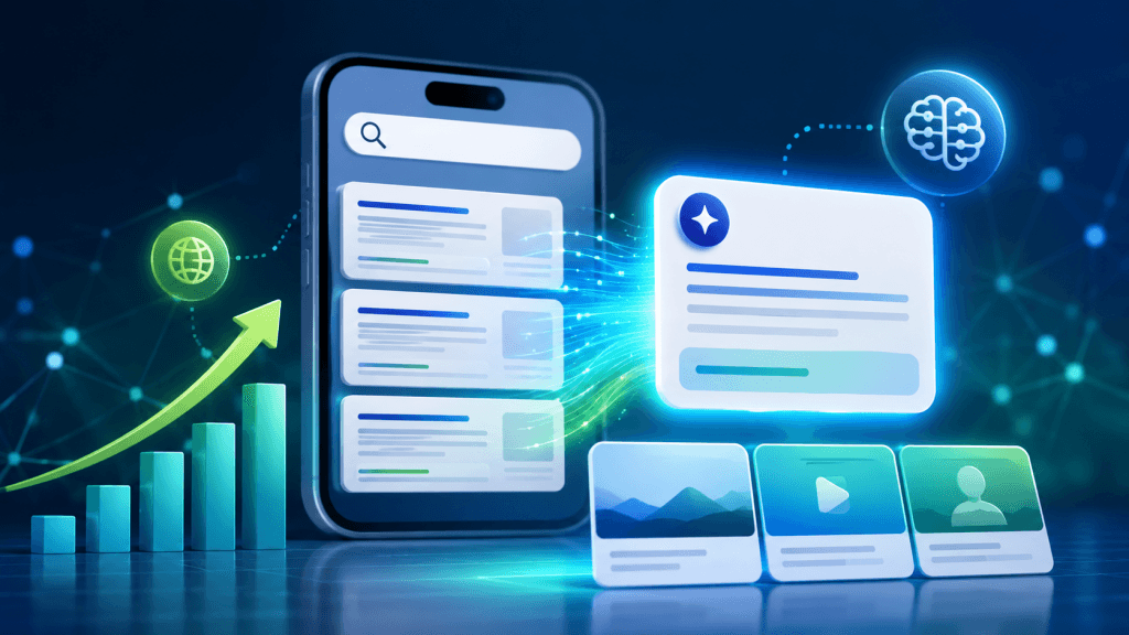 Illustration d’une recherche Google avec réponse IA et visualisation de la progression SEO.