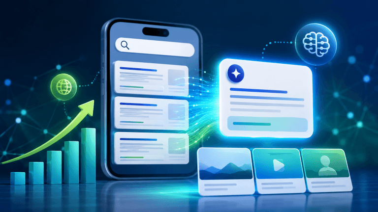 Illustration d’une recherche Google avec réponse IA et visualisation de la progression SEO.