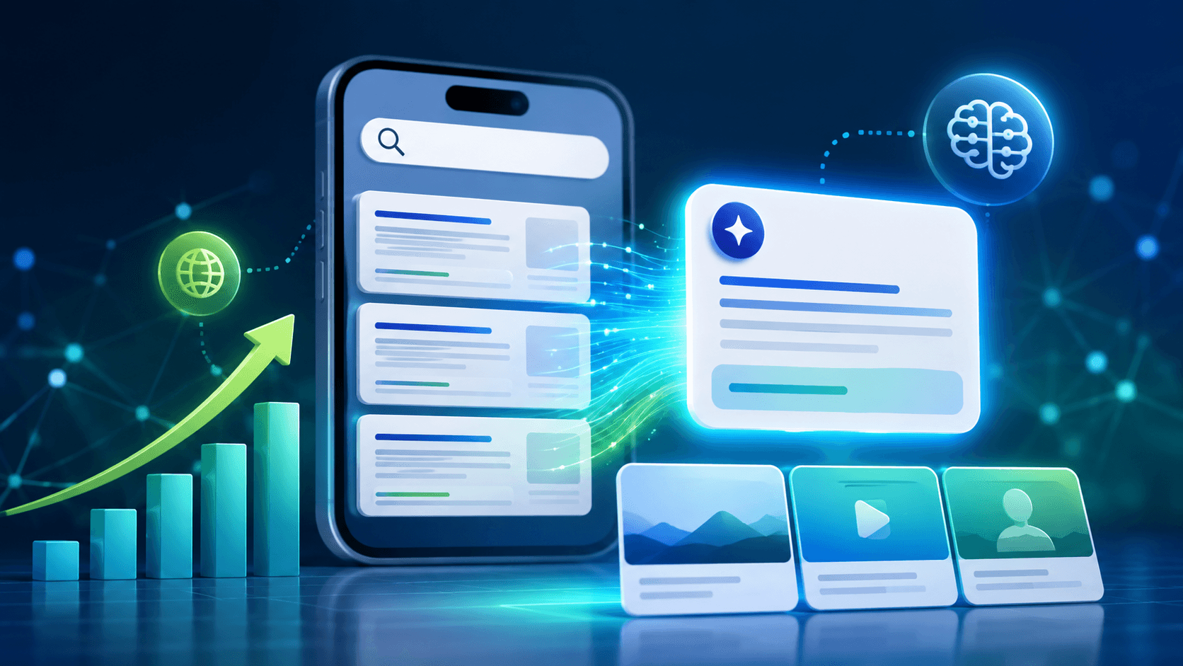 Illustration d’une recherche Google avec réponse IA et visualisation de la progression SEO.