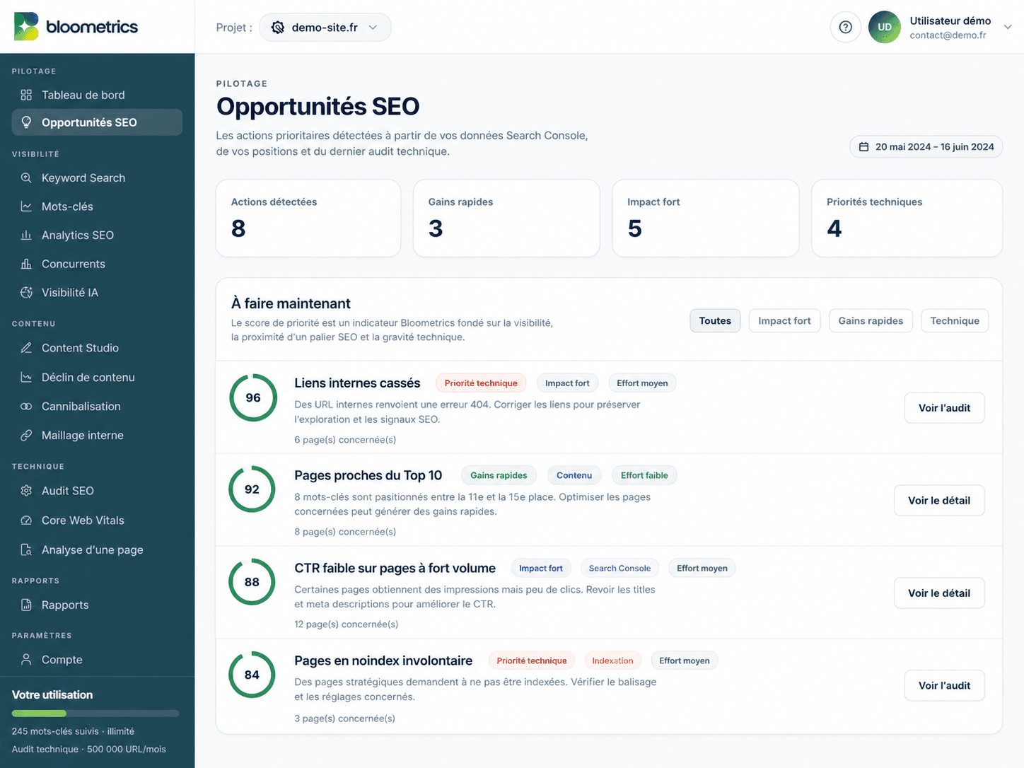 Interface Bloometrics présentant les opportunités SEO prioritaires