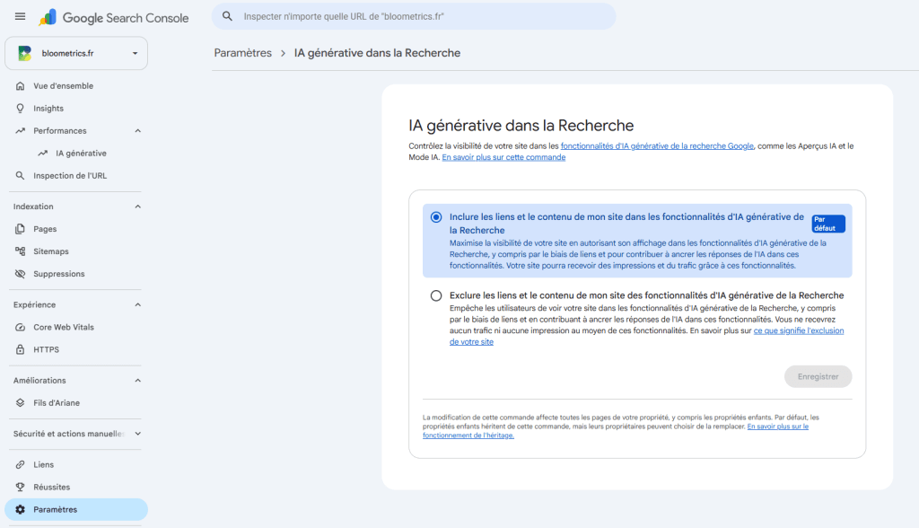 réglage dans les paramètre de la search console de google de la fonctionnalité IA générative